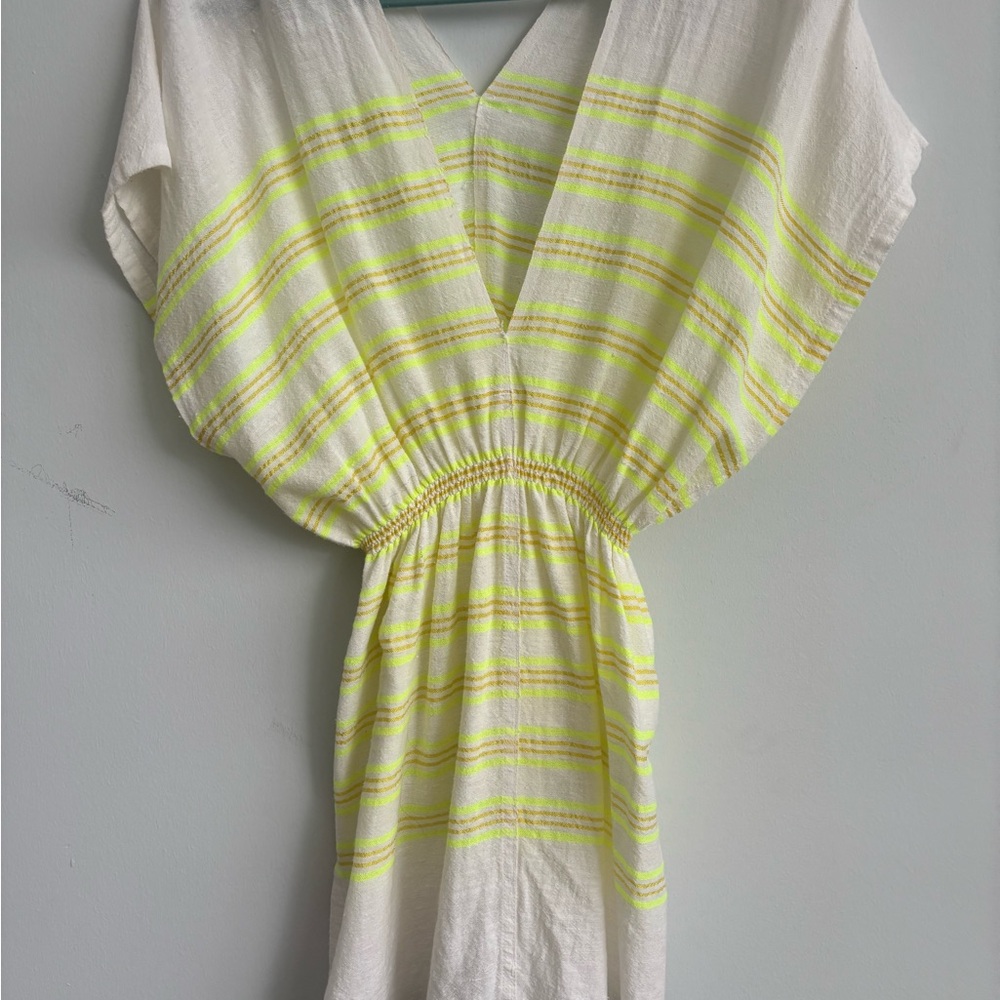 Lemlem Women’s Striped V Neck Fringed Minidress Cover Up Beach Boho Caftan
